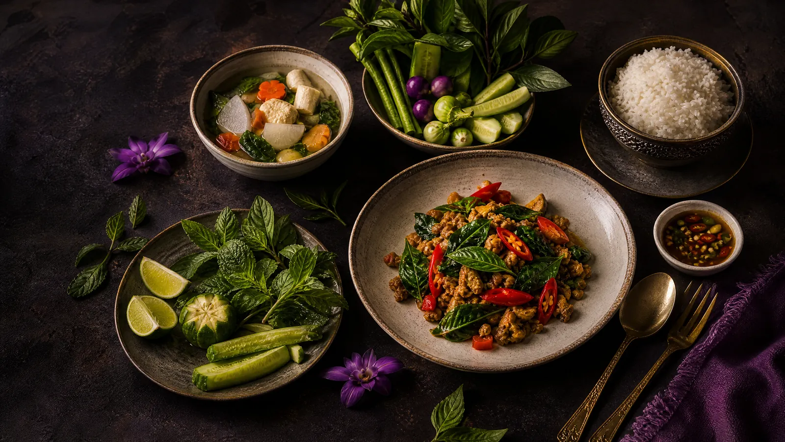 A beautifully arranged Thai meal featuring fresh herbs, vibrant vegetables, and steamed jasmine rice on a ceramic plate.