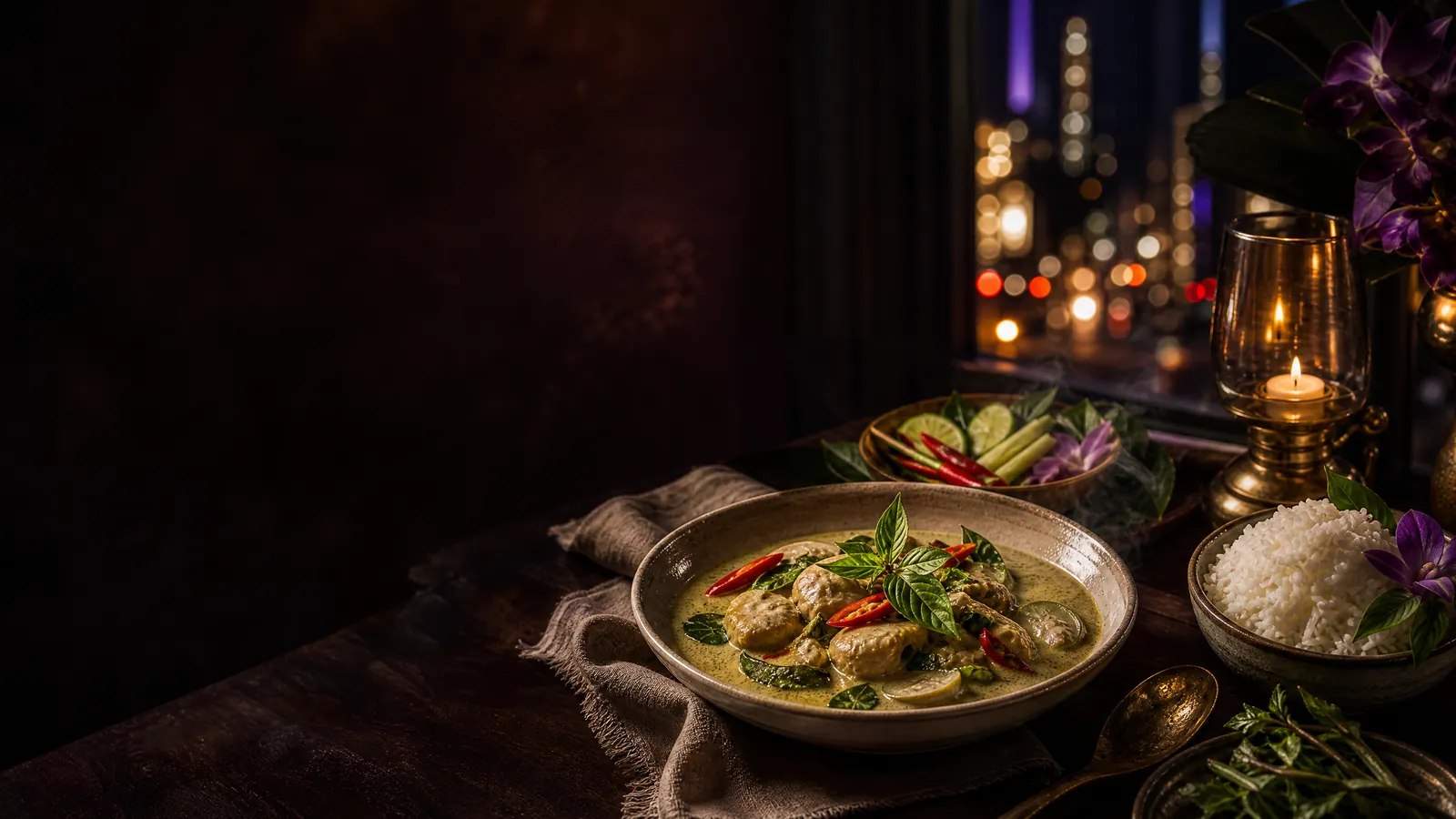 An elegant table setting featuring vibrant Thai dishes in a warm, inviting dining room.