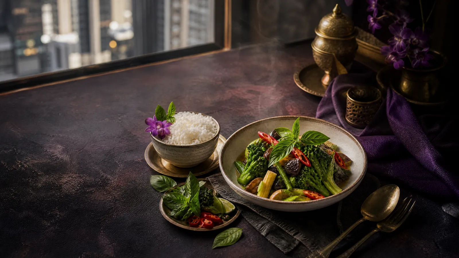 A beautifully plated Thai lunch spread featuring vibrant green curry and fresh vegetables on a table in a warm, inviting dining room.