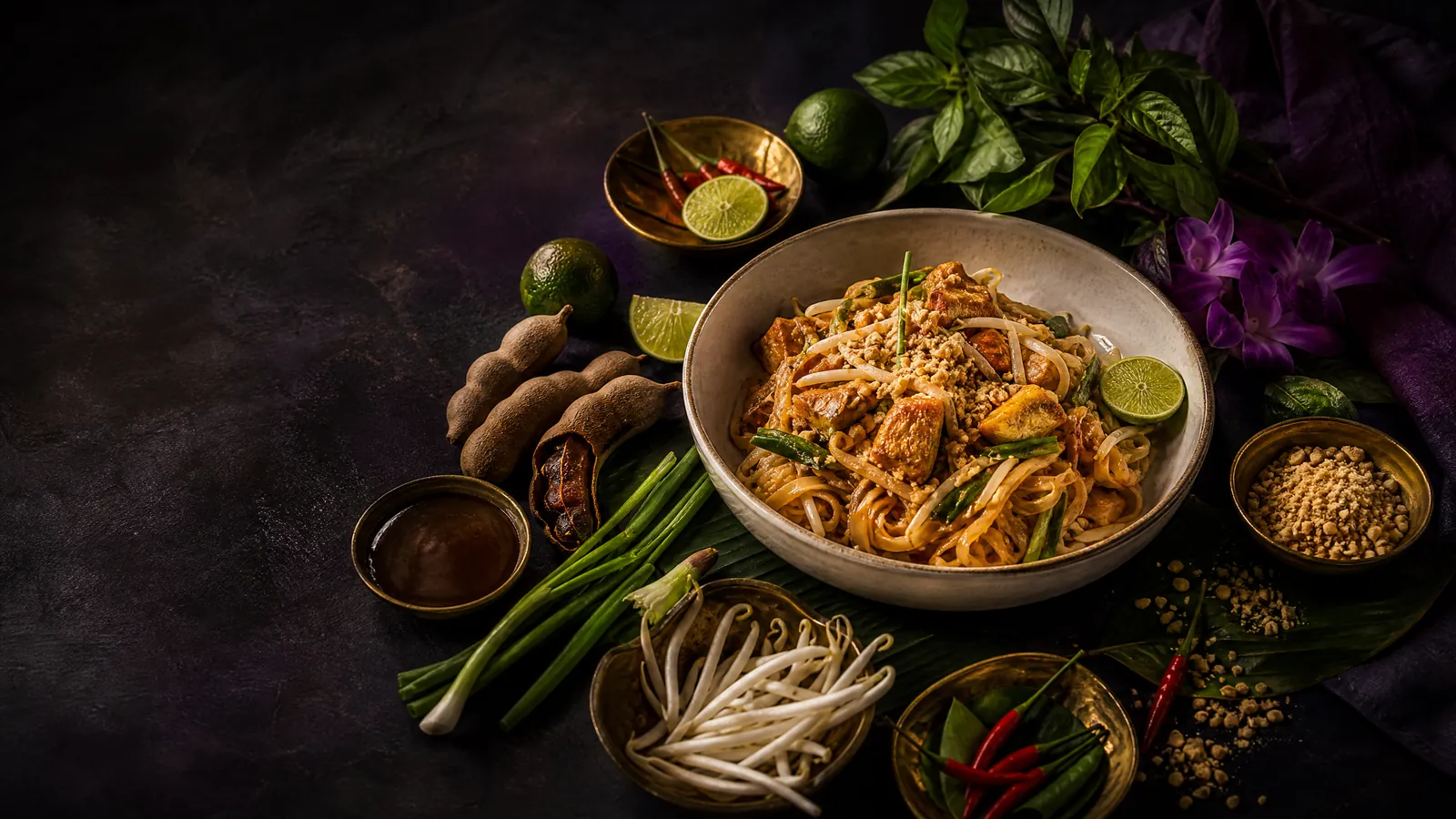 A beautifully plated dish of authentic Pad Thai garnished with fresh lime, crushed peanuts, and garlic chives on a dark ceramic plate.
