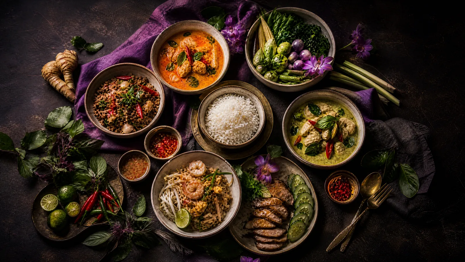 A beautifully arranged table of diverse Thai dishes meant for sharing, captured in warm and inviting lighting.